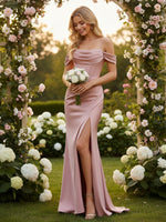 Satin Square Neck Ruched Bridesmaid Dresses with Slit