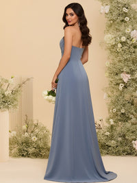 Satin V Neck Ruched Bridesmaid Dresses with Slit