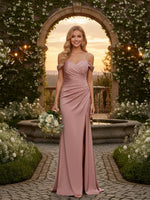 Satin Ruched Sweetheart Off the Shoulder Bridesmaid Dresses with Slit