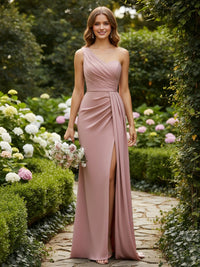 One Shoulder Satin Corset Tiered Bridesmaid Dresses with Slit