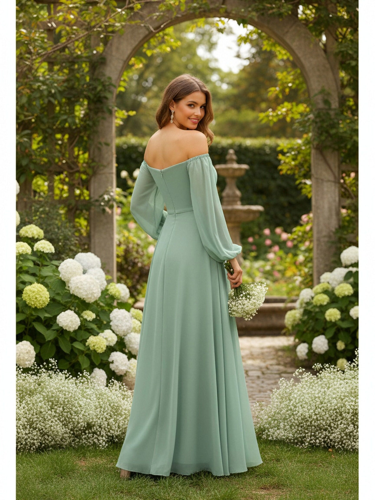 Chiffon Off the Shoulder Long Sleeves Bridesmaid Dresses with Slit