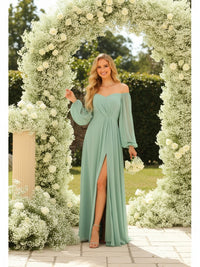 Chiffon Off the Shoulder Long Sleeves Bridesmaid Dresses with Slit
