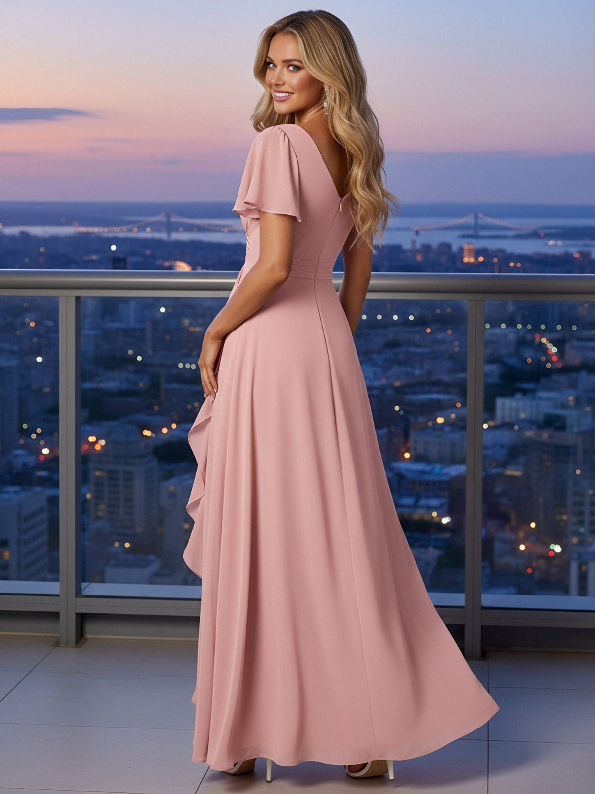 Chiffon V Neck A Line Ruffles Short Sleeves  Bridesmaid Dresses with Slit