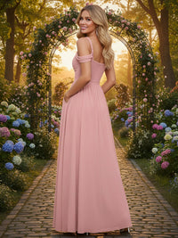 Chiffon Spaghetti Straps Pleated Bridesmaid Dresses with Slit