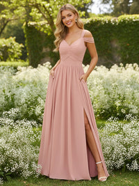 Chiffon Spaghetti Straps Pleated Bridesmaid Dresses with Slit