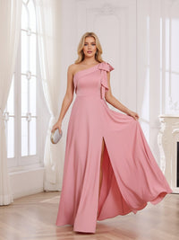 Chiffon One Shoulder Sleeveless Bow Bridesmaid Dresses with Slit