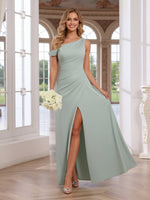 Chiffon One Shoulder Sleeveless A Line Bridesmaid Dresses with Slit