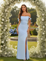Satin Off the Shoulder Sleeveless Sheath Bridesmaid Dresses with Slit