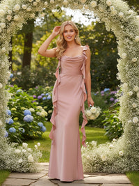 Chiffon Cowl Neck Sheath Ruffles Bridesmaid Dresses
