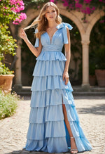 Chiffon Tiered Ruffles V Neck Formal Dresses with Slit