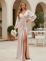 Satin V Neck Ruched Bridesmaid Dresses with Slit
