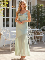 Satin Tulle Spaghetti Straps Cowl Neck Bridesmaid Dresses