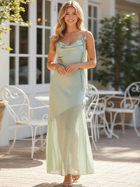 Satin Tulle Spaghetti Straps Cowl Neck Bridesmaid Dresses