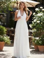 Chiffon Halter A Line Pleated V Neck Bridesmaid Dresses