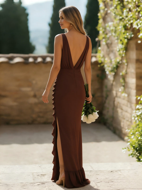 Chiffon Mermaid V Neck Ruffles Bridesmaid Dresses with Slit
