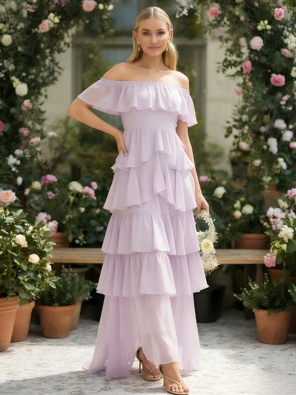 Chiffon A Line Off the Shoulder Ruffles Bridesmaid Dresses