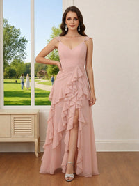Chiffon V Neck A Line Ruffles Pleated Bridesmaid Dresses with Slit