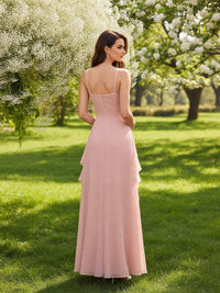Chiffon V Neck A Line Ruffles Pleated Bridesmaid Dresses with Slit