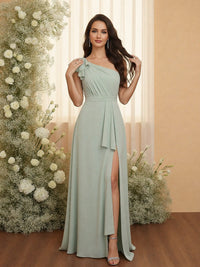Chiffon One Shoulder Ruffles Bridesmaid Dresses with Slit