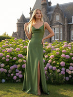 Satin Spaghetti Straps Sleeveless Bridesmaid Dresses with Slit
