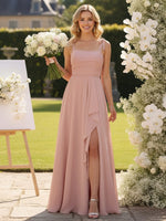 Chiffon Spaghetti Straps Ruffles Bridesmaid Dresses with Slit