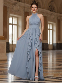 Chiffon Halter Ruffles A Line Bridesmaid Dresses with Slit