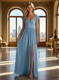Flutter Sleeves Chiffon Bridesmaid Dresses with Slit
