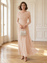 Chiffon A Line Cowl Neck Long Mother of the Bride Dresses with Ruched