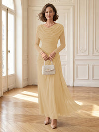 Chiffon A Line Cowl Neck Long Mother of the Bride Dresses with Ruched
