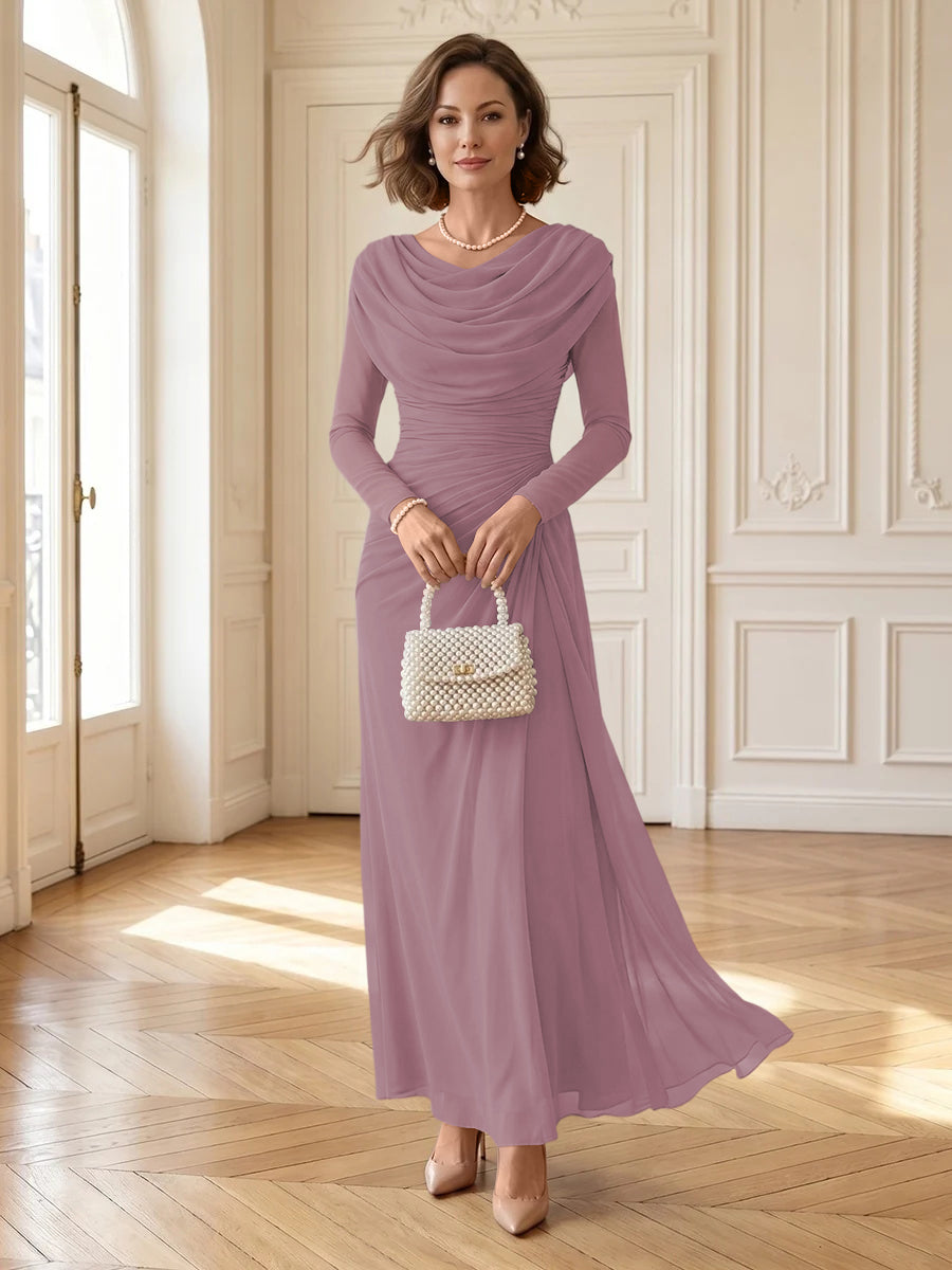 Chiffon A Line Cowl Neck Long Mother of the Bride Dresses with Ruched