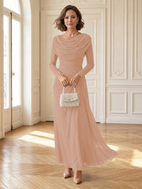 Chiffon A Line Cowl Neck Long Mother of the Bride Dresses with Ruched
