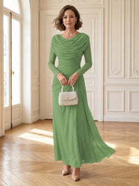Chiffon A Line Cowl Neck Long Mother of the Bride Dresses with Ruched