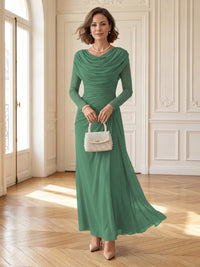 Chiffon A Line Cowl Neck Long Mother of the Bride Dresses with Ruched
