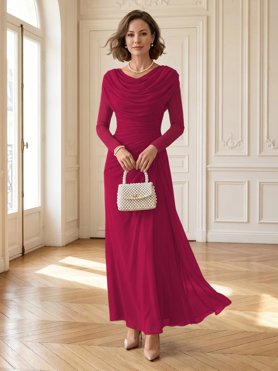 Chiffon A Line Cowl Neck Long Mother of the Bride Dresses with Ruched