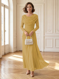 Chiffon A Line Cowl Neck Long Mother of the Bride Dresses with Ruched