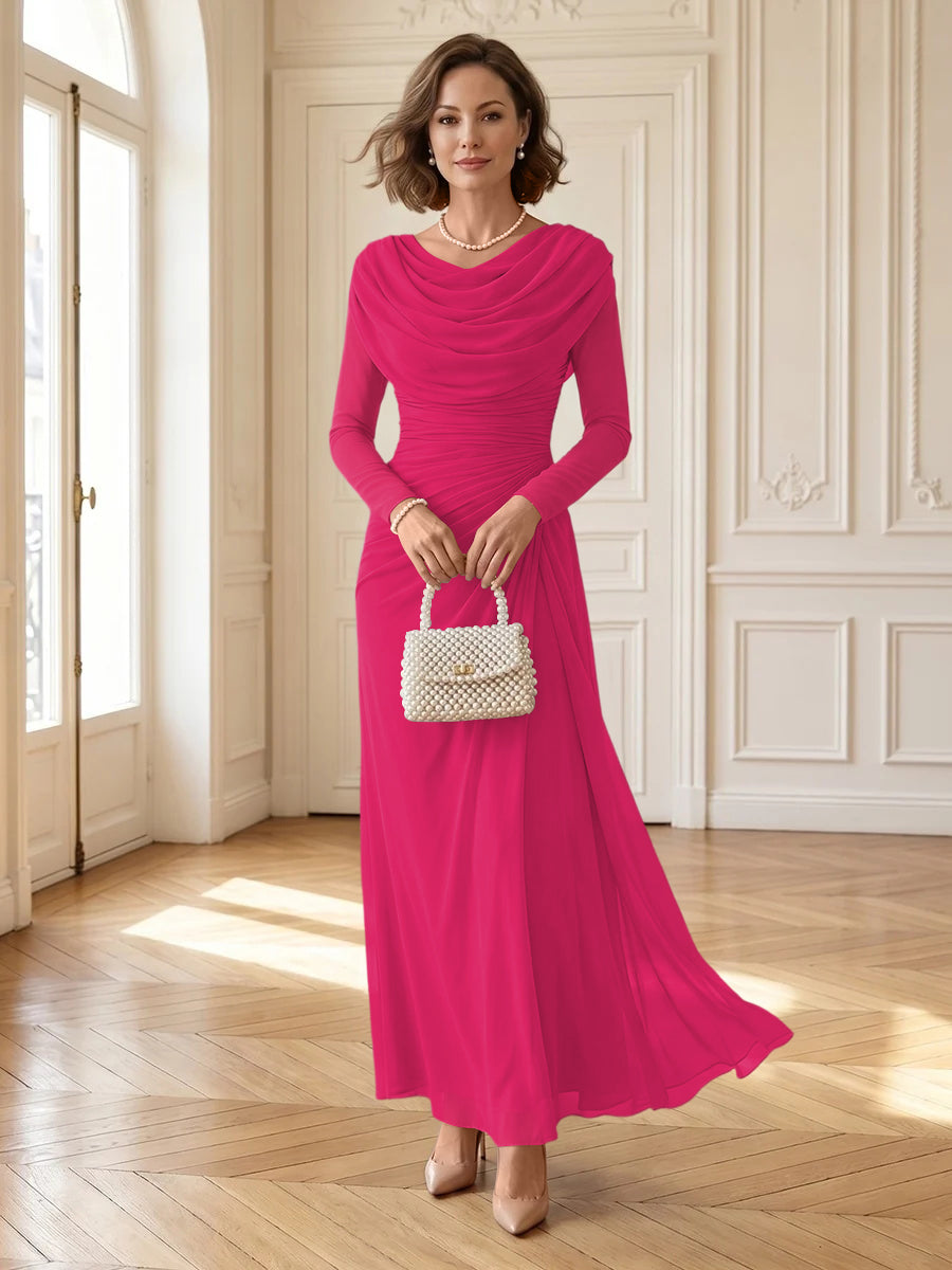 Chiffon A Line Cowl Neck Long Mother of the Bride Dresses with Ruched