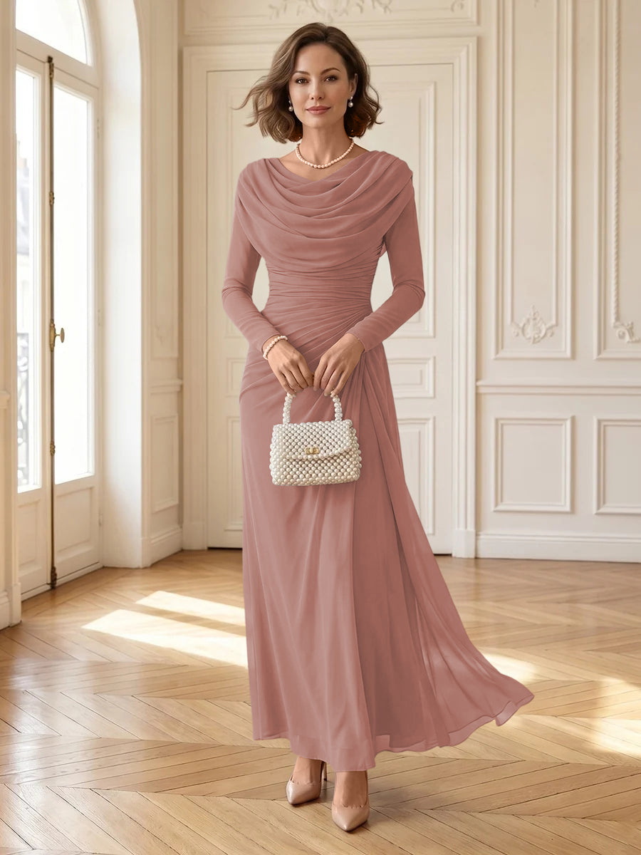 Chiffon A Line Cowl Neck Long Mother of the Bride Dresses with Ruched
