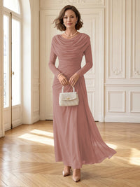 Chiffon A Line Cowl Neck Long Mother of the Bride Dresses with Ruched