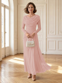 Chiffon A Line Cowl Neck Long Mother of the Bride Dresses with Ruched