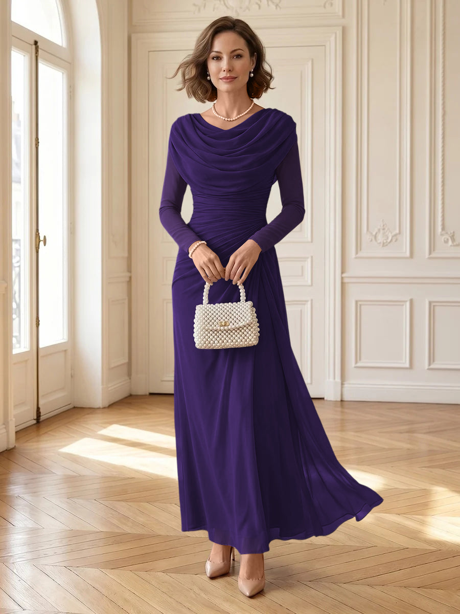 Chiffon A Line Cowl Neck Long Mother of the Bride Dresses with Ruched