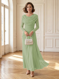 Chiffon A Line Cowl Neck Long Mother of the Bride Dresses with Ruched