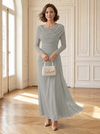 Chiffon A Line Cowl Neck Long Mother of the Bride Dresses with Ruched