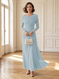 Chiffon A Line Cowl Neck Long Mother of the Bride Dresses with Ruched