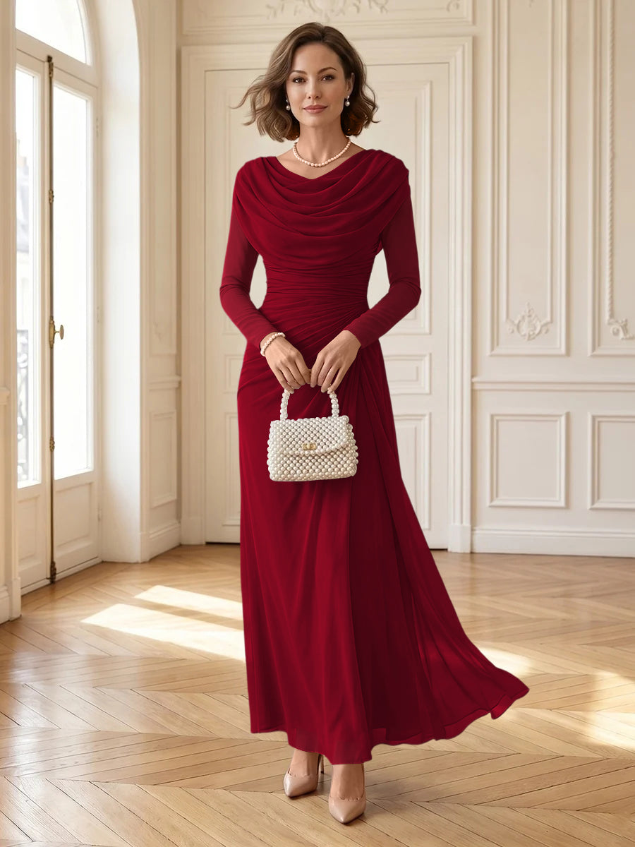 Chiffon A Line Cowl Neck Long Mother of the Bride Dresses with Ruched