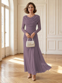 Chiffon A Line Cowl Neck Long Mother of the Bride Dresses with Ruched