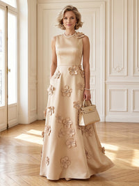 Satin A Line Boat Neck Long Mother of the Bride Dresses with Flower