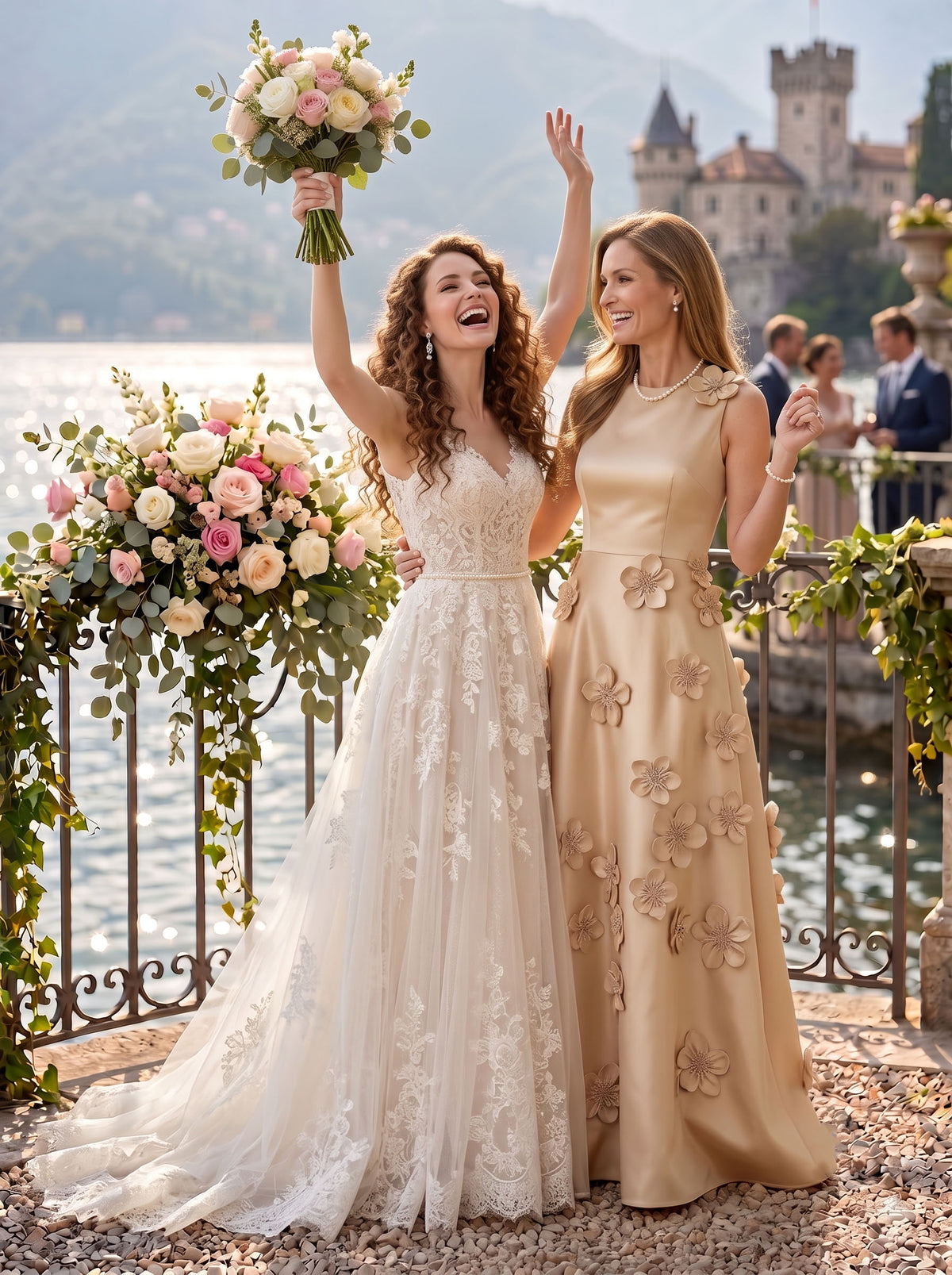 Satin A Line Boat Neck Long Mother of the Bride Dresses with Flower