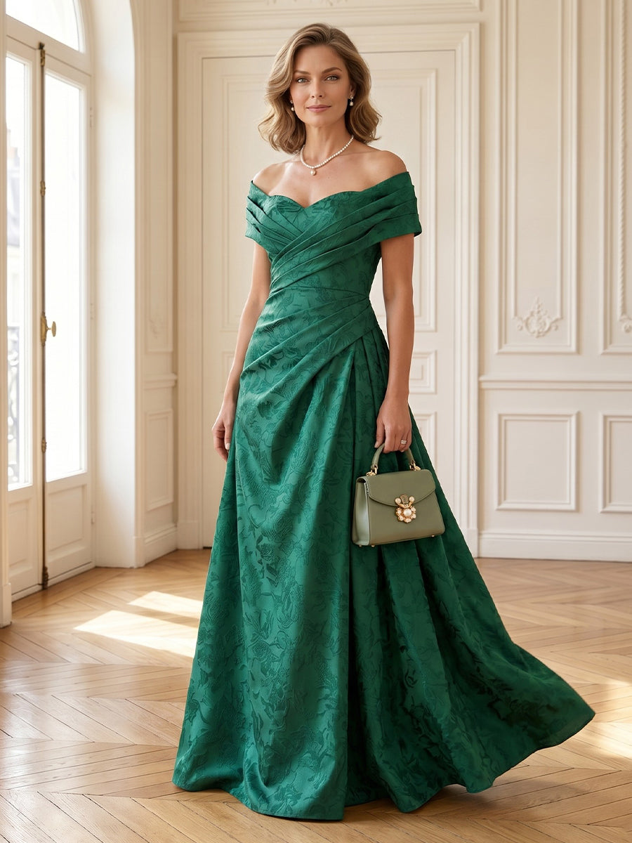 Jacquard Satin A Line Off Shoulder Long Mother of the Bride Dresses