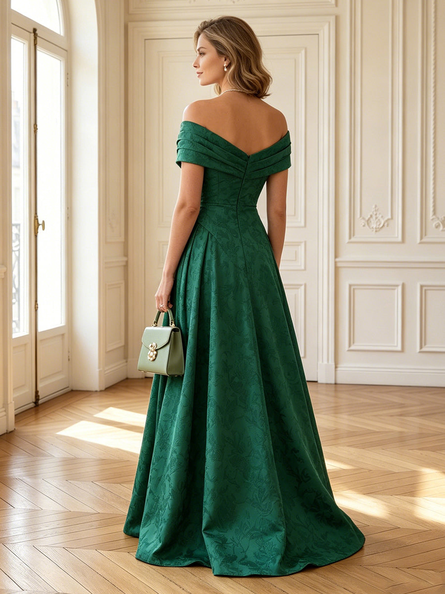 Jacquard Satin A Line Off Shoulder Long Mother of the Bride Dresses