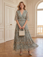 Lace V Neck A Line Short Sleeves Long Mother of the Bride Dresses
